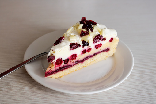 Cake with cranberries on a white plate close up