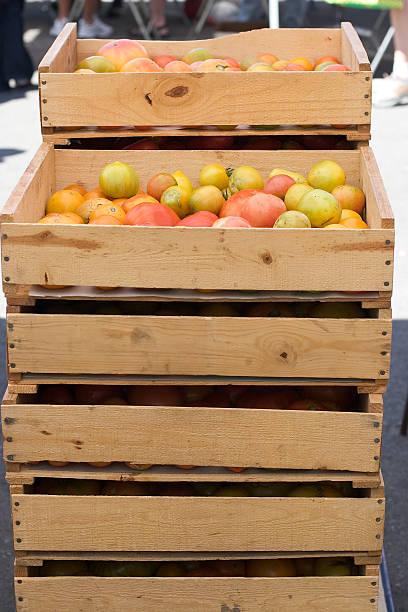 Boxes of fall fruits stock photo