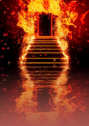 3D illustration of burning flame stairs and doors