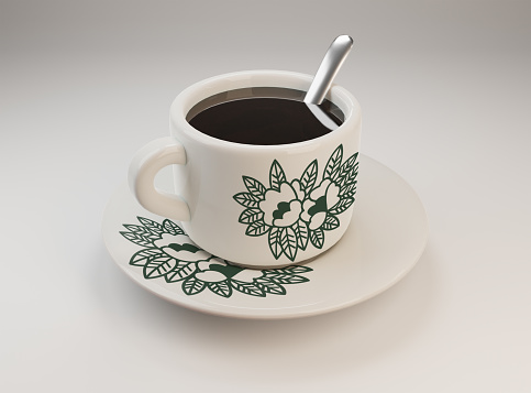 3d rendering traditional Malaysian and Singapore authentic black coffee Kopi O. Vintage floral pattern cup and plate set with tea spoon. 3D realistic black coffee with cup illustration