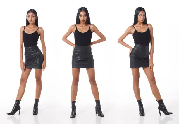 Photo of Full length Figure snap of 20s Asian Woman black long straight hair vast short skirt and high heel