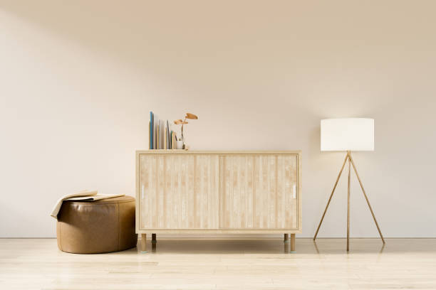 istock Living room interior wall mockup in minimalist style with a bamboo console, Moroccan pouf on empty warm white background. 3d rendering, 3d illustration 1396990092