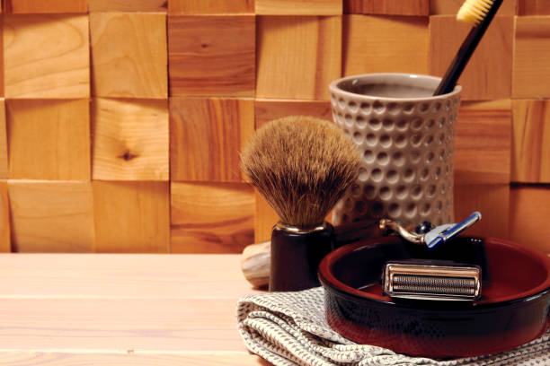 istock Natural shaving tools, trimmer, blade, brush and hygiene equipment 1396993588