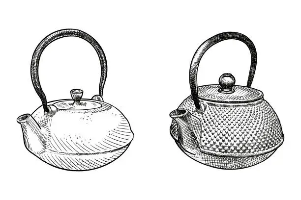 Vector illustration of Vector drawing of Japanese style teapots