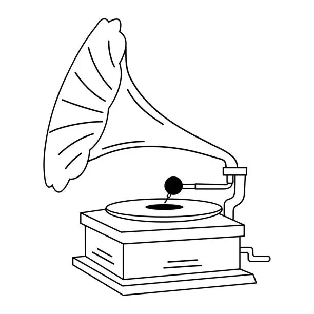 Vector illustration of Old-fashioned vintage gramophone in doodle style. Classic retro phonograph for your nostalgic.