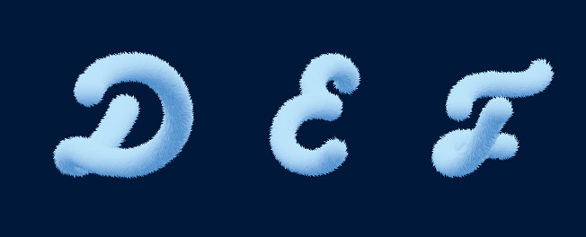 3d alphabet, letters made of fur on dark background, 3d rendering, d e f