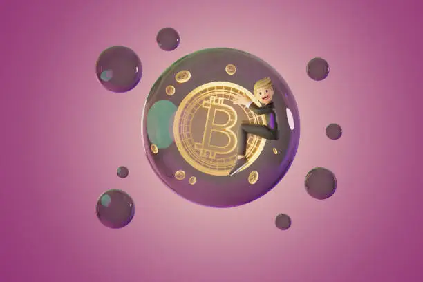 Photo of men holding crypto coins in a bubble. 3D Render illustration