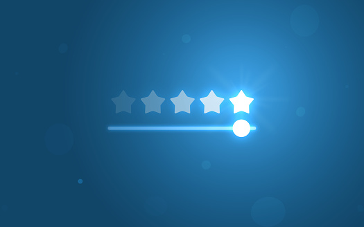 Cinco estrellas de la barra deslizante de revisión de calificación de fondo de la mejor clasificación de satisfacción de la calidad del servicio o 5 puntuación símbolo de tasa de comentarios de los clientes y evaluación de éxito experiencia del usu photo