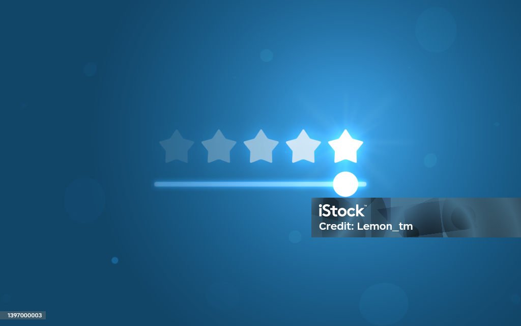 Five star rating review slider bar button background of best ranking service quality satisfaction or 5 score customer feedback rate symbol and success evaluation user experience on excellent stars. Adulation Stock Photo