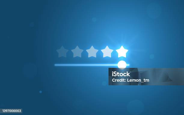 Five Star Rating Review Slider Bar Button Background Of Best Ranking Service Quality Satisfaction Or 5 Score Customer Feedback Rate Symbol And Success Evaluation User Experience On Excellent Stars Stock Photo - Download Image Now