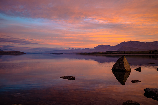 Lake Tekapo in the glow of the spring sunrise, shot in Spring 2020