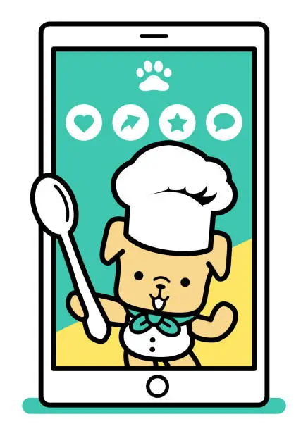 Vector illustration of A cute dog chef wearing a chef's hat and holding a spoon and sharing recipes on a smartphone screen