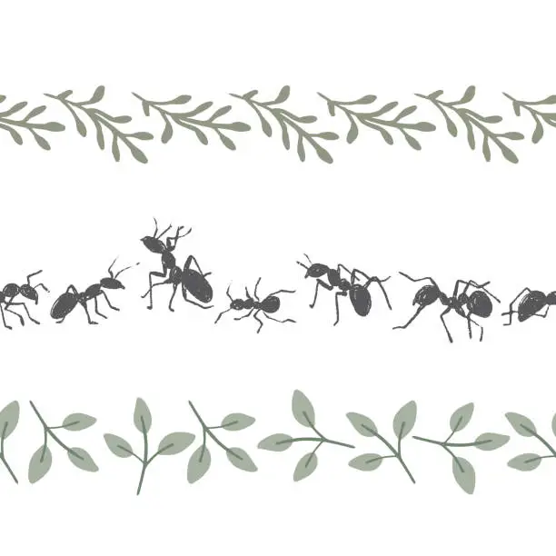 Vector illustration of Black Ants and Leaves Vector Seamless Horizontal Borders Set