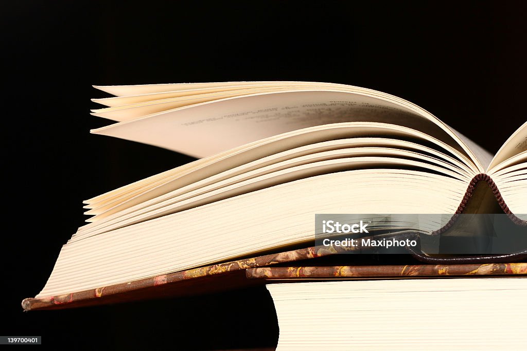 Old open book close up with black background Open book close-up, with some pages opening Animal Bone Stock Photo