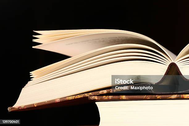 Old Open Book Close Up With Black Background Stock Photo - Download Image Now - Animal Bone, Animal Spine, At The Edge Of