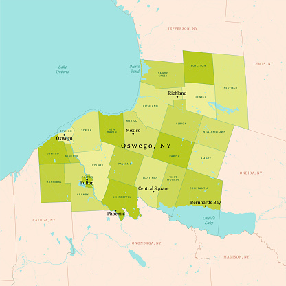 NY Oswego Vector Map Green. All source data is in the public domain. U.S. Census Bureau Census Tiger. Used Layers: areawater, linearwater, cousub, pointlm.
