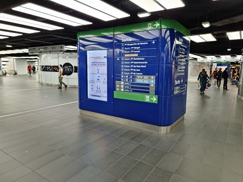 The Châtelet–Les Halles underground station. The image shows the underground level which gives access to the RER trains, the Metro and to several shops.