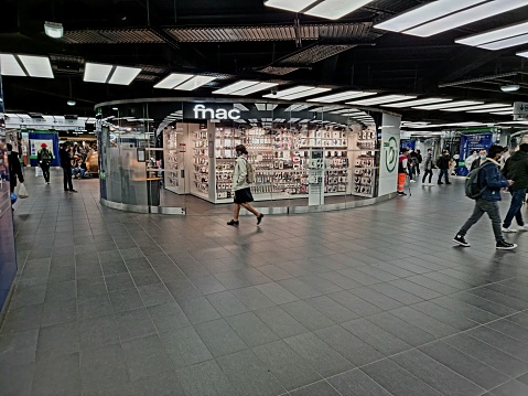 The Châtelet–Les Halles underground station. The image shows the underground level which gives access to the RER trains, the Metro and to several shops.