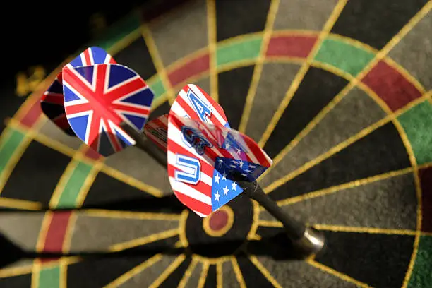 Magnetic darts, one showing the union jack the other representing the stars and stripes