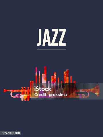 istock Jazz music poster with colorful trumpet and piano keyboard vector illustration. Live concert events, music festivals and shows creative background, party flyer, invitation design 1397006308