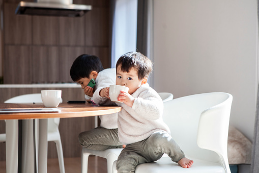 Asian little child sitting on a chair in sunny living room.