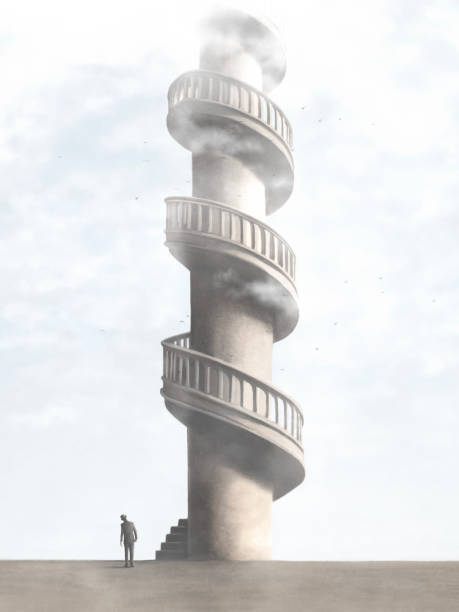 istock Illustration of man rising high spiral tower, surreal abstract concept 1397006606