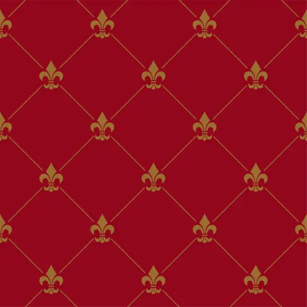 Vector illustration of Fleur De Lis Red And Gold French Damask Luxury Decorative Fabric Pattern