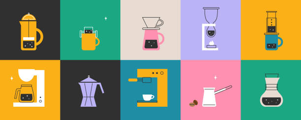 ilustrações de stock, clip art, desenhos animados e ícones de set of vector icons with illustration of diversity coffee brewing methods - cup coffee pot coffee coffee cup