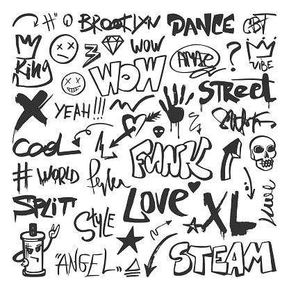 Urban graffiti elements. Spray graphics street drawing, pen doodle texture art. Isolated black fashion paint lettering, funky painted writing vector set. Illustration of graffiti graphic design art