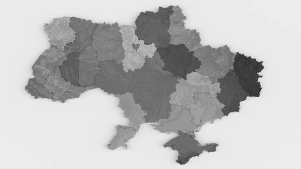 Ukraine as 3D rendering on a white background with a lot of details and high resolution with height informations.