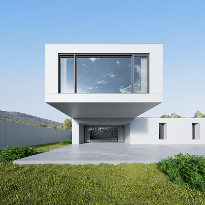 3d rendering of white modern house with large concrete terrace and lawn yard.