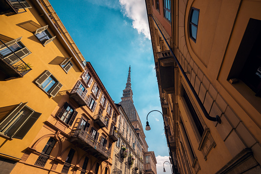 View of Mole Antonelliana with blue sky in Turin, Italy