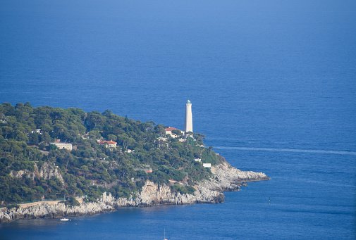 Saint Jean Cap Ferrat, France - August 1 2019: Aerial  view of the sea, coast and lighthouse.