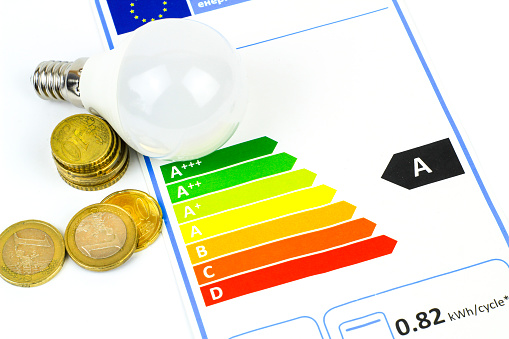 European Union Energy Label next to coins and led light bulb on white background