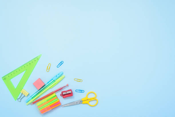 istock School stationery on blue background, flat lay with space for text 1397010641