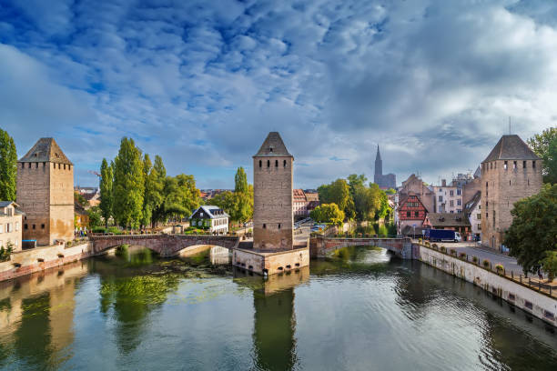 Panorama of  bridge Ponts Couverts, Strasbourg, France Panorama of  medieval bridge Ponts Couverts from the Barrage Vauban in Strasbourg, France petite france strasbourg stock pictures, royalty-free photos & images