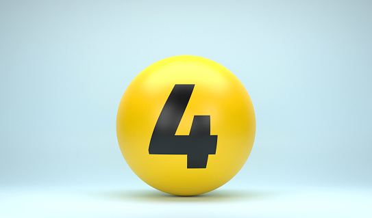 Yellow Sphere With Number 4 On Blue Defocused Background. Number Template