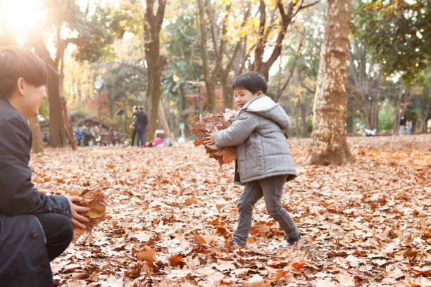 istock Son and their father playing with fallen leaves in the park at sunset time. 1397011502