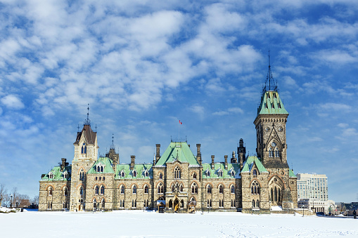 Ottawa Parliament buildings, East Block, on a winter day. Deep snow lays on the ground. The Canadian Houses of Parliament date back to 1867 and are modeled on the UK Parliamentary structure.