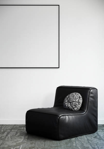 istock mock up poster frame in modern white room interior background with black chair, white and black color ideas, 3D render, 3D illustration 1397012694