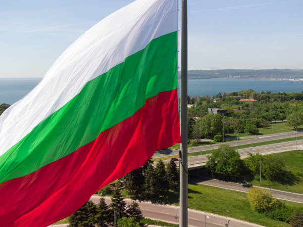Bulgaria Flag Against City Varna at summer day stock photo