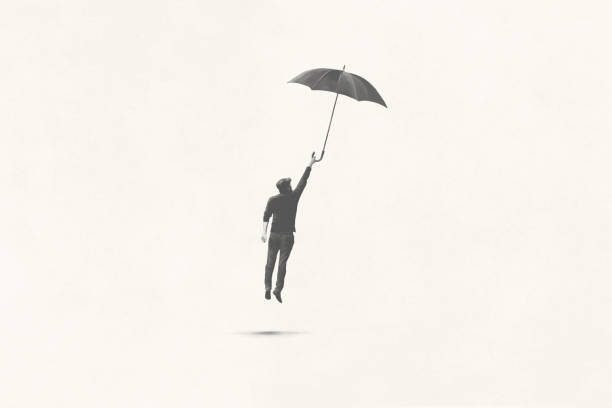 illustration eines mannes, der versucht, mit regenschirm zu fliegen, surreales minimales konzept - shadow men silhouette people stock-grafiken, -clipart, -cartoons und -symbole