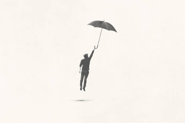 ilustracja przedstawiająca człowieka próbującego latać z parasolem, surrealistyczna koncepcja minimalistyczna - free your mind obrazy stock illustrations