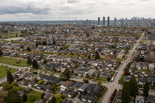 Aerial view of Burnaby neighborhood, a residential district near downtown Vancouver.