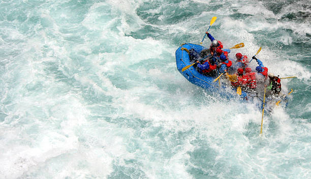 lidé v modrém nafukovacím člunu na řece rafting - sportovní tým sportovní organizace - stock snímky, obrázky a fotky