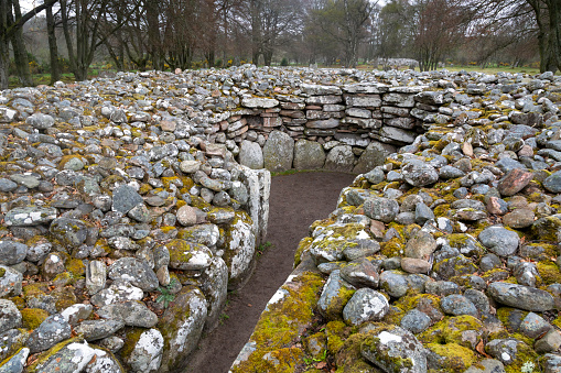 One of the most sacred historic sites in Scotland, the mystical Clava Cairns, a Bronze Age cemetery complex near Culloden in Scotland, UK