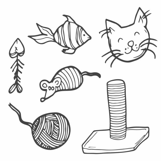 akcesoria do kotów doodle dla kotów. urodziny zwierzaka, ryby, babeczek, kagańców, girland z flagami, pocztówek, piłek, kokardek, plątaniny, myszy. gratulacje dla ukochanego zwierzęcia - silhouette animal black domestic cat stock illustrations
