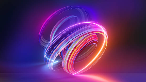 renderizado 3d, fondo colorido con forma abstracta que brilla en el espectro ultravioleta, líneas de neón curvas. concepto de energía futurista - action fotografías e imágenes de stock