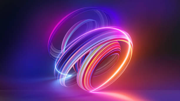 3d render, colorful background with abstract shape glowing in ultraviolet spectrum, curvy neon lines. Futuristic energy concept stock photo