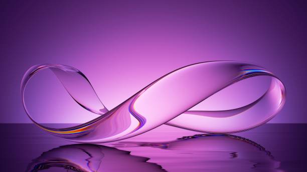 3d rendering, transparent infinity design element, abstract purple background with curvy glass ribbon and reflection on the water surface. Simple modern minimalist wallpaper stock photo